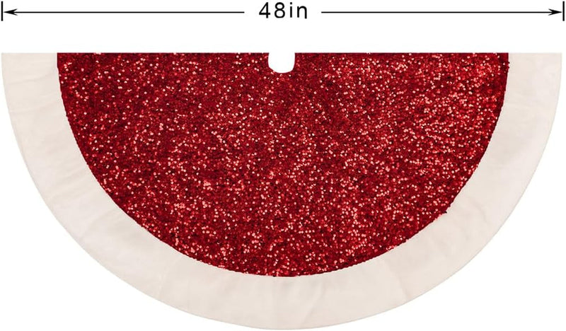 Christmas Tree Skirt, 48 Inches, Sparkling Red Sequin with White Faux Fur, for Xmas Holiday Home Decorations Christmas Decor (48 Inches)