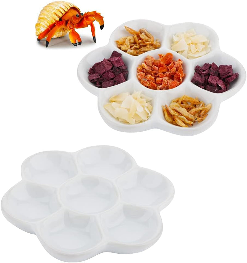 2 Pcs Hermit Crab Ceramic Food Dish, 7 Compartments Anti-Turning Food & Water Bowl (White)