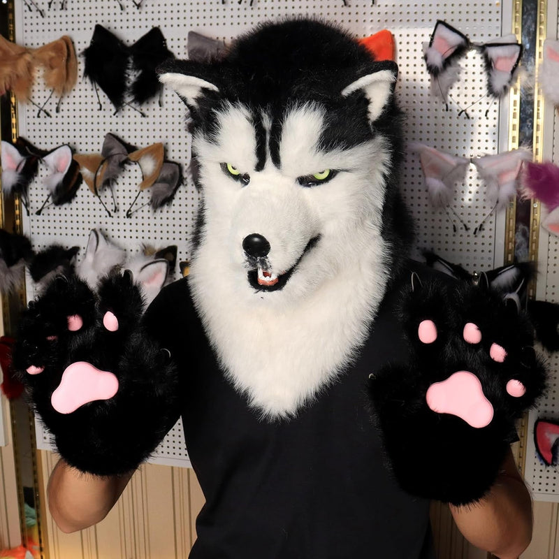 Animal Dog Head Mask Realistic Furry Plush Tail Claw Gloves Full Wolf Masks for Halloween Party Carnival Cosplay