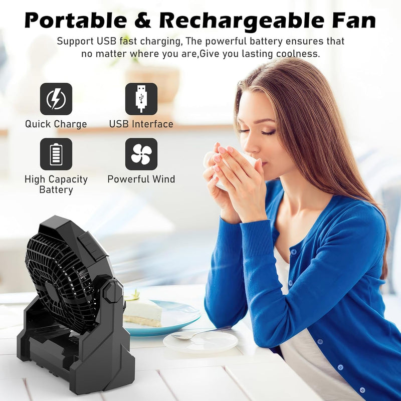 Camping Fan Rechargeable, 10400Mah Portable Battery Operated Camping Fan for Tents, Hangable USB Silent Camping Fans with LED Lantern, Suitable for Fishing, Camping, Bedroom, Workplace (Black)