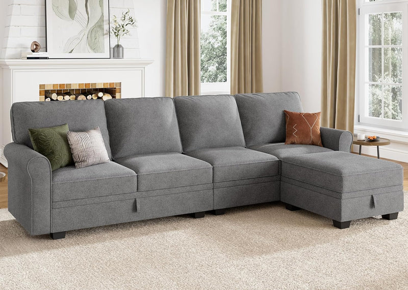 HONBAY Sectional Couch with Storage Seat L Shaped Sectional Couch with Reversible Chaise Small Sectional Couches for Living Room,Light Grey