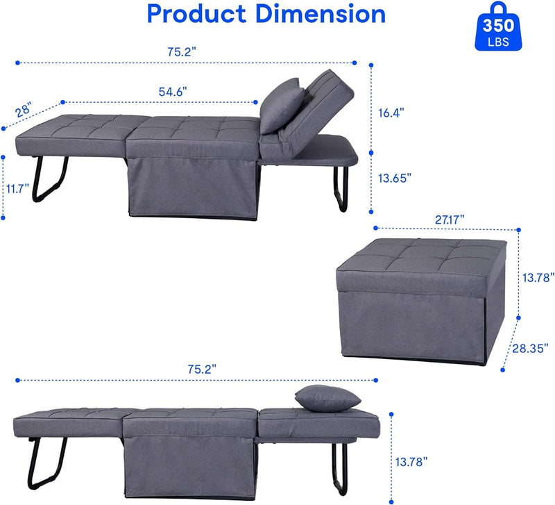 FLEXISPOT XC-TG1 Sleeper Chair, 75" 4-In-1 Convertible Sleeper Chair Bed with 5-Level Adjustable Backrest, Folding Ottoman Bed Sofa Bed for Living Room Apartment Office, Grey