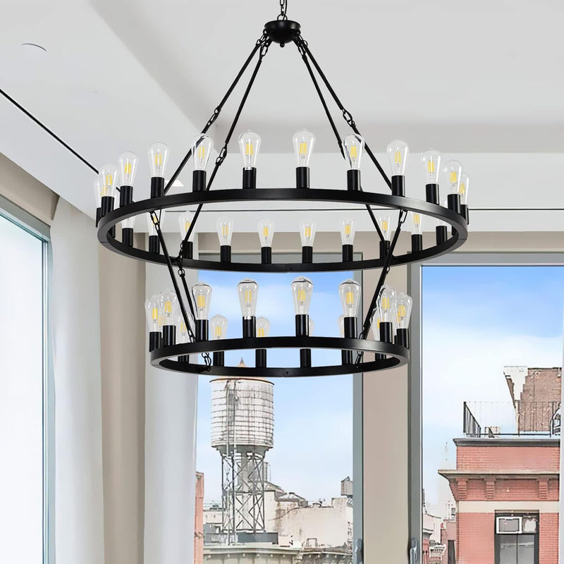 48 Inch Black Extra Large Wagon Wheel Chandelier, 2 Tier 40-Lights Farmhouse Industrial round High Ceiling Pendant Light Adjustable Chain, for Dining Room, Living Room