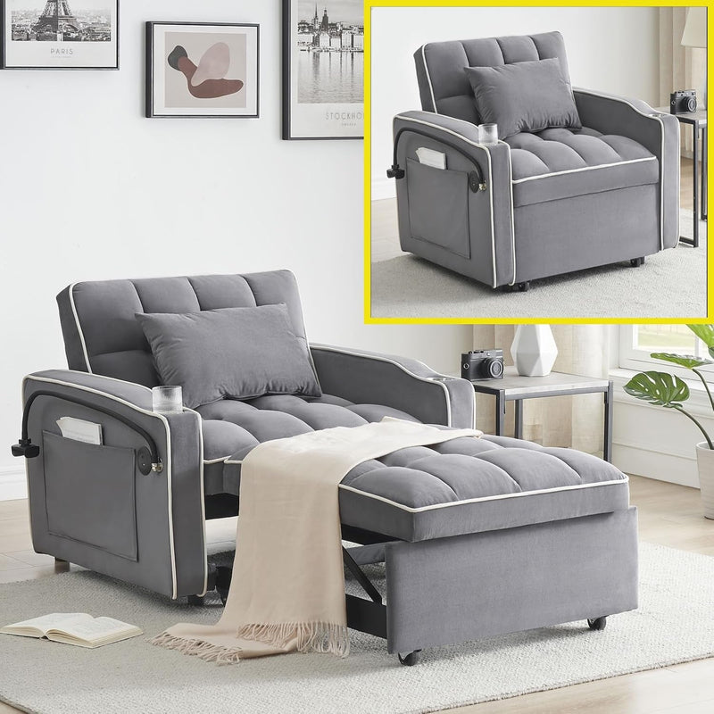 3 in 1 Sleeper Chair with Pullout Bed, Convertible Lazy Recliner Sofa Chair with Storage Pockets & Adjustable Backrest, Comfortable Folding Ottoman Bed Sleeper for Living Room (Grey)