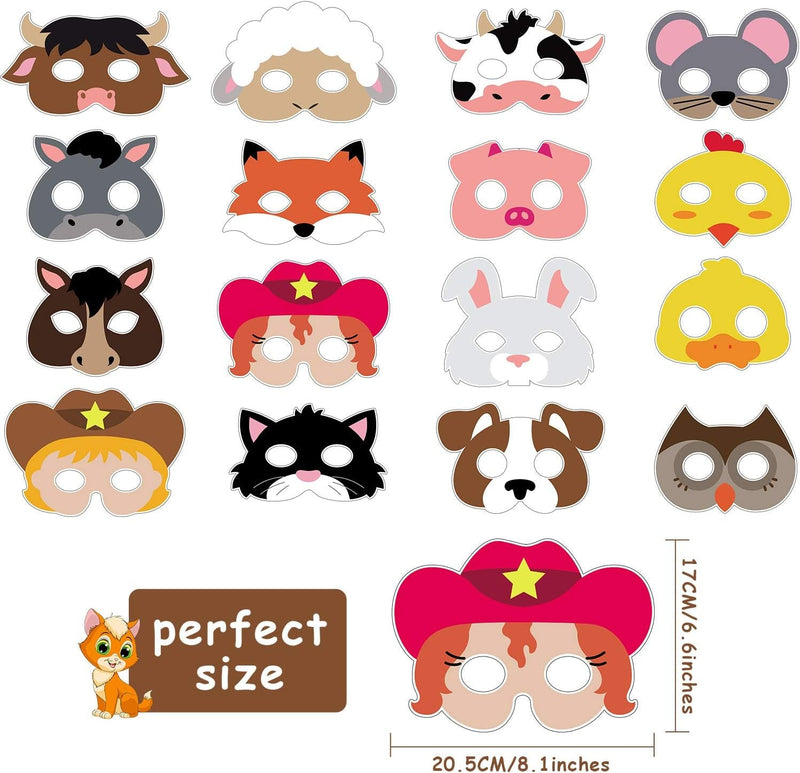 Blulu 16 Piece Farm Forest Animal Mask Barnyard Animal Face for Petting Zoo Farmhouse Jungle Theme Birthday Christmas Costumes Dress-Up Party Supplies