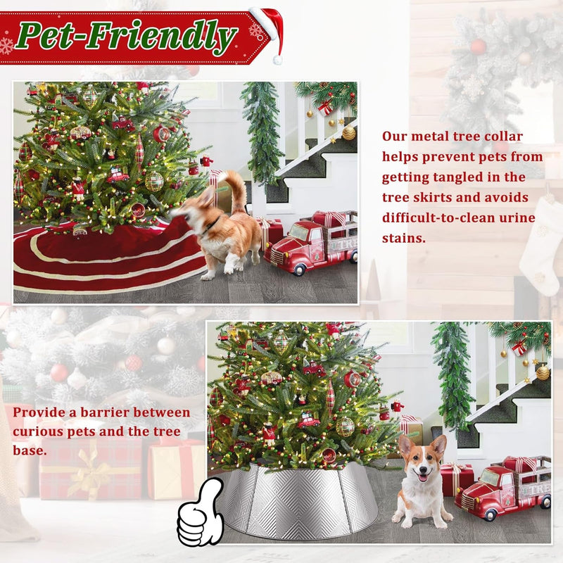 Brightever Metal Christmas Tree Skirt, 28In Diameter Christmas Tree Collar with Unique Line Pattern, Silver Tree Skirt for Pencil Tree, Christmas Tree Stand Cover for Bedroom Xmas Tree, Pets-Friendly