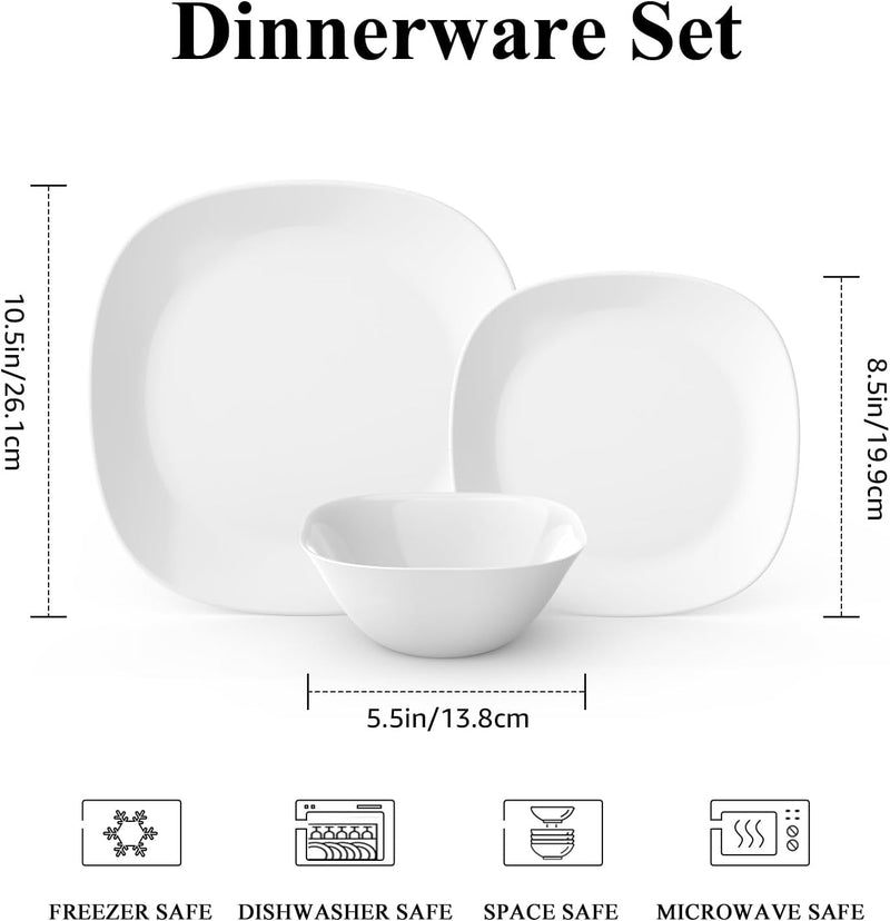 Dinnerware Set, MEKY 18-Piece Opal Dishes Sets Service for 6,Square Plates and Bowls Set-White