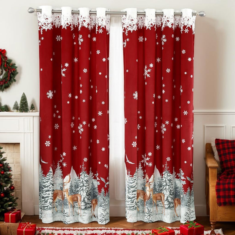 CAROMIO Christmas Curtains for Living Room 2 Panel Sets, Red Velvet Window Curtains 84 Inches Long, Floral Snowflake Decoration Curtains, Thermal Insulated Room Darkening Curtains, 52 X 84 Inches