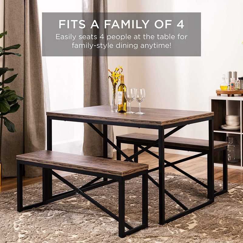 Best Choice Products 45.5In 3-Piece Bench Style Dining Furniture Set, 4-Person Space-Saving Dinette for Kitchen, Dining Room W/ 2 Benches, Table - Brown/Black