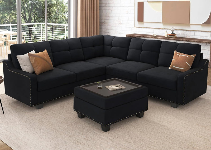 HONBAY Convertible Sectional Sofa with Storage Ottoman L Shaped Couch for Small Apartment Reversible Sectional Sofa for Living Room,Dark Grey