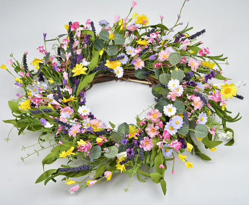 24Inch Artificial Daisy Flower Wreath -Spring Floral Wreath Fake Flower Wreath Spring/Summer Wreath for Front Door Home Decor