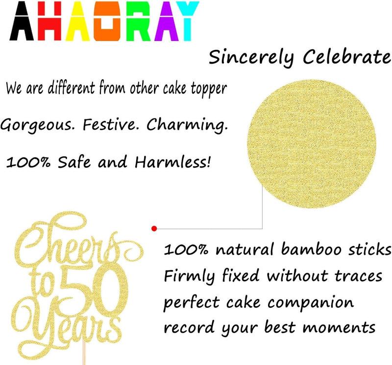 Cheers to 50 Years Cake Topper - Gold Glitter 50Th Birthday Cake Decorating Supplies, Perfect for 50Th Anniversary or Fifty Birthday Party, Photo Booth Props