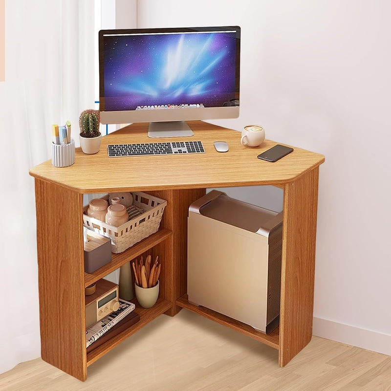 Corner Desk,90 Degrees Triangle Computer Desk,Bedroom Makeup Vanity Desk,Desk with Drawers and Open Shelves,Small Space Industrial Desk for Home Office,Workstation,Living Room Light Brown