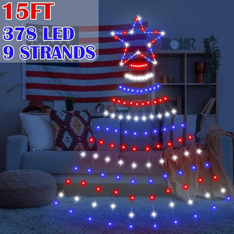 12Ft 4Th of July Decor Light 357 LED 8 Modes Plug in Curtain Lights Red White and Blue String Lights Patriotic Star Light for Independence Day Indoor Outdoor Veterans Memorial Day Party Decor