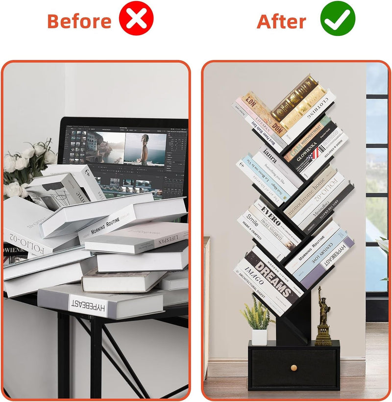 8 Tier Tree Bookshelf with Drawer, Free Standing Wood Bookcase for Living Room, Bedroom, Home Office, Space Saving Storage Organizer Bookshelves for Books, Cds, Vinyl Records- Black
