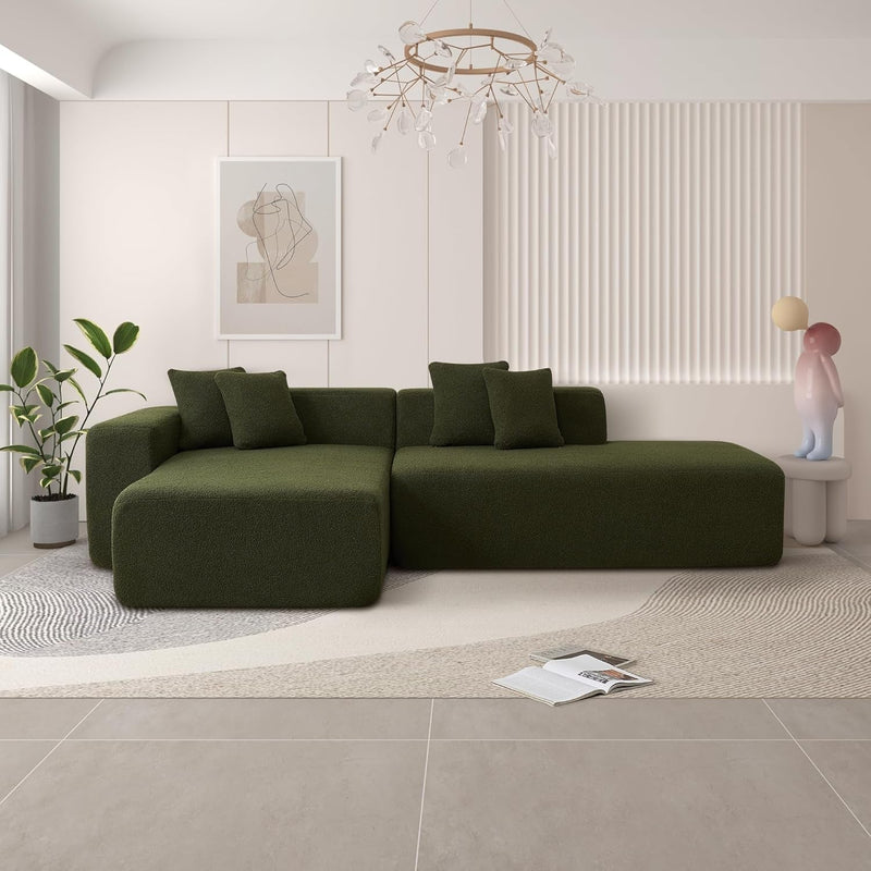 Canapé sectionnel modulaire de 104,33 pouces pour le salon, canapé rembourré de style minimaliste moderne en forme de L avec chaise longue, canapé vert sans installation