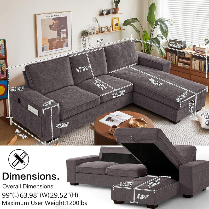 ASHOMELI 99“ Convertible Sectional Sofa,L Shaped Couch,Multi-Functional Reversible Sofa with USB and Type-C Charging Ports, Storage Space, Breathable Fabric (Dark Gray)