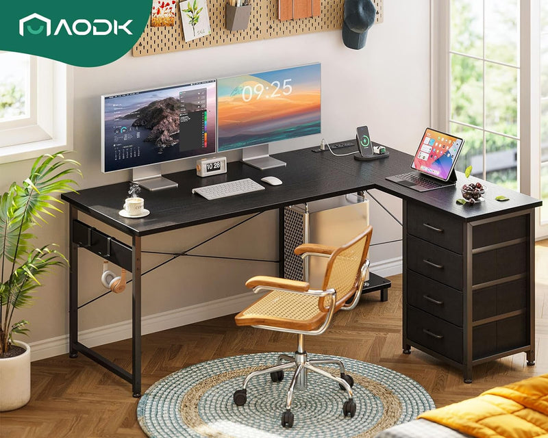 AODK L Shaped Desk with 4 Tier Drawers, 53" Reversible Gaming Desk with Power Outlets, L Shaped Computer Desk with USB Charging Port and Host Stand, Home Office Corner Desk, Easy to Assemble, Black