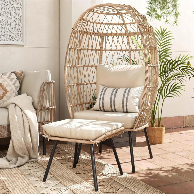 DWVO Outdoor Egg Chair with 2-In-1 Footrest, Patio Wicker Basket Chair with Ottoman, Indoor Egg Chairs with Cushion, Boho Cocoon Chair for Outside, Bedroom, Brown