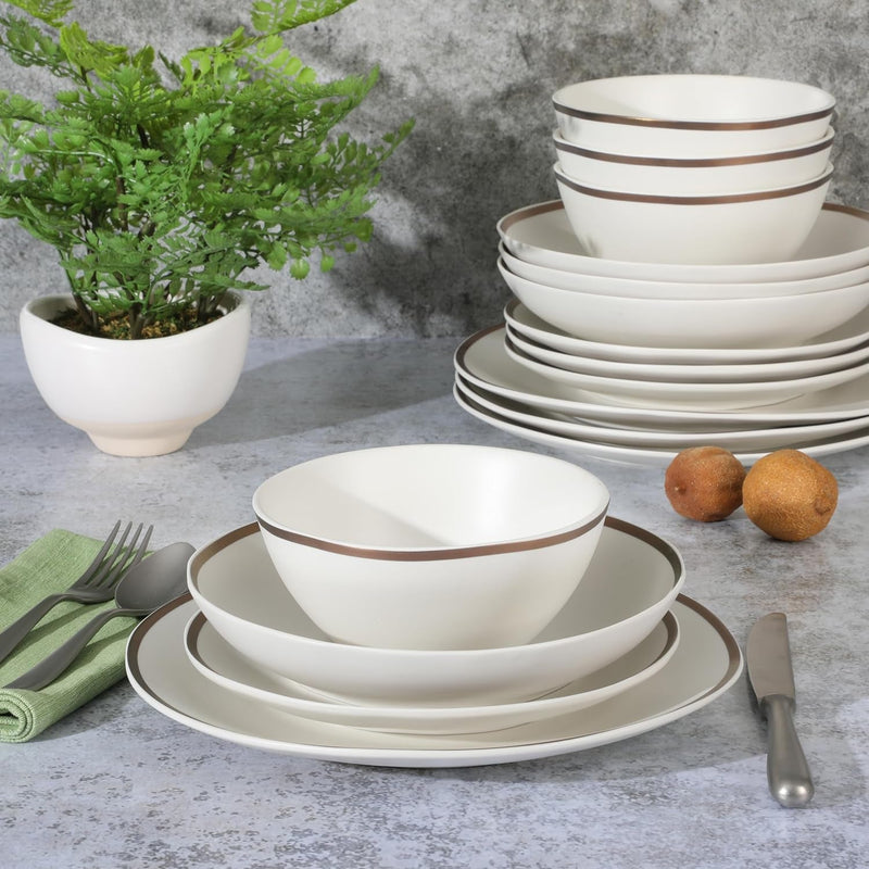 Gibson Elite Kings Road Double Plates and Bowl Organic round Porcelain Chip and Scratch Resistant Dinnerware Set - Matte White W/Gold Rim