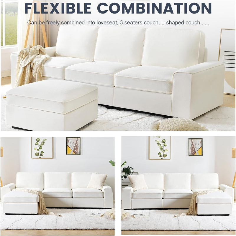 101" Modular Sectional Sofa Convertible L Shaped Couch with Storage Ottoman Chenille White Couch with Chaise Comfy Sectional Couches for Living Room Apartment Office