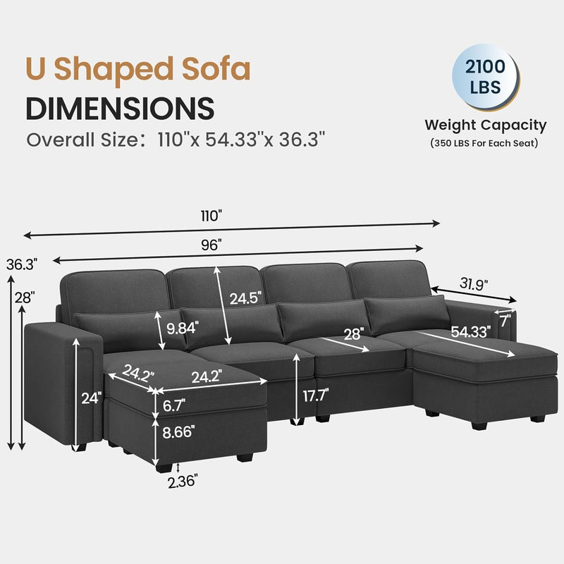 110'' Sectional Couch with Reversible Chaise Modern Convertible U-Shape Sofa with Storage Modern 6-Seat Chenille Corner Couch Modular Sectional Sofa with Ottoman for Living Room,Grey