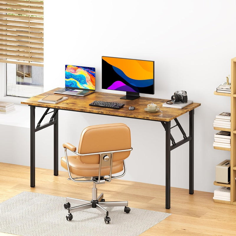 Dlandhome Folding Desk Computer Desk 47Inches Large No Install Needed Folding Table Workstation for Home Office Brown