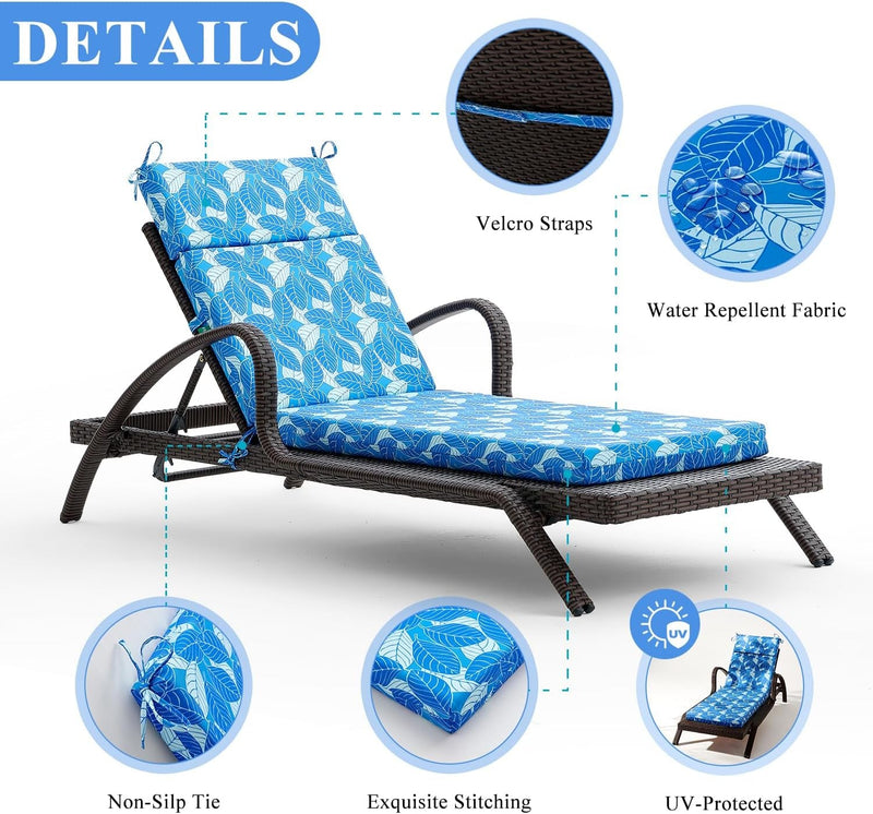 FILUXE Chaise Lounge Cushions Outdoor Furniture, High-Density Foam Chair Cushion with Ties, Weather & Fade Resistant - Patio Recliner Chairs Cushions for Lawn,Pool & Beach 72X21X3 Inch, Ash Leaves