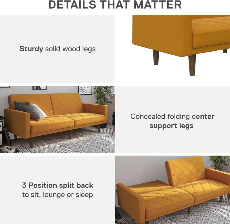 DHP Paxson Convertible Futon Couch Bed with Linen Upholstery and Wood Legs - Mustard