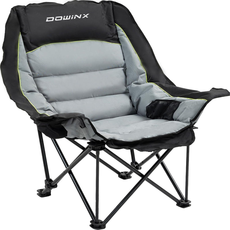 Dowinx Oversized Extra Large Camping Chair for Adults, Lawn Chairs, Folding, 3 Levels Adjustable Padded Camping Chair, Heavy-Duty 600D Oxford Cloth, with Cup Holder, 400 Pound Capacity, Black