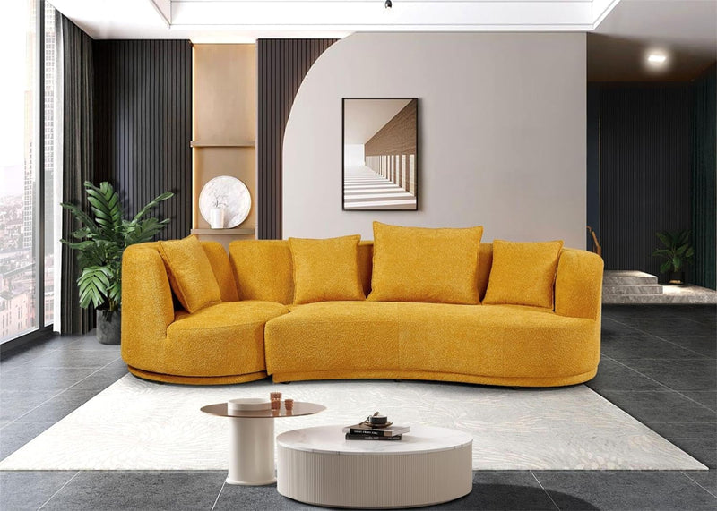 110" Cloud Curved Sofa for Living Room Mid-Century Sofa with 360 Degree Swivel Chair 4 Throw Pillows Comfy Boucle Couch, Luxury 5-Seat Leisure Deap Seat Sectional Sofá Yellow