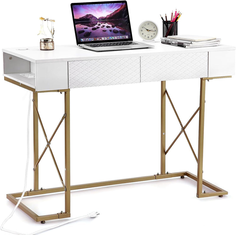 Computer Desk with Drawers, 42 Inch Home Office Desk with Power Outlets, Modern Writing Desk, Vanity Desk with Storage, White & Gold