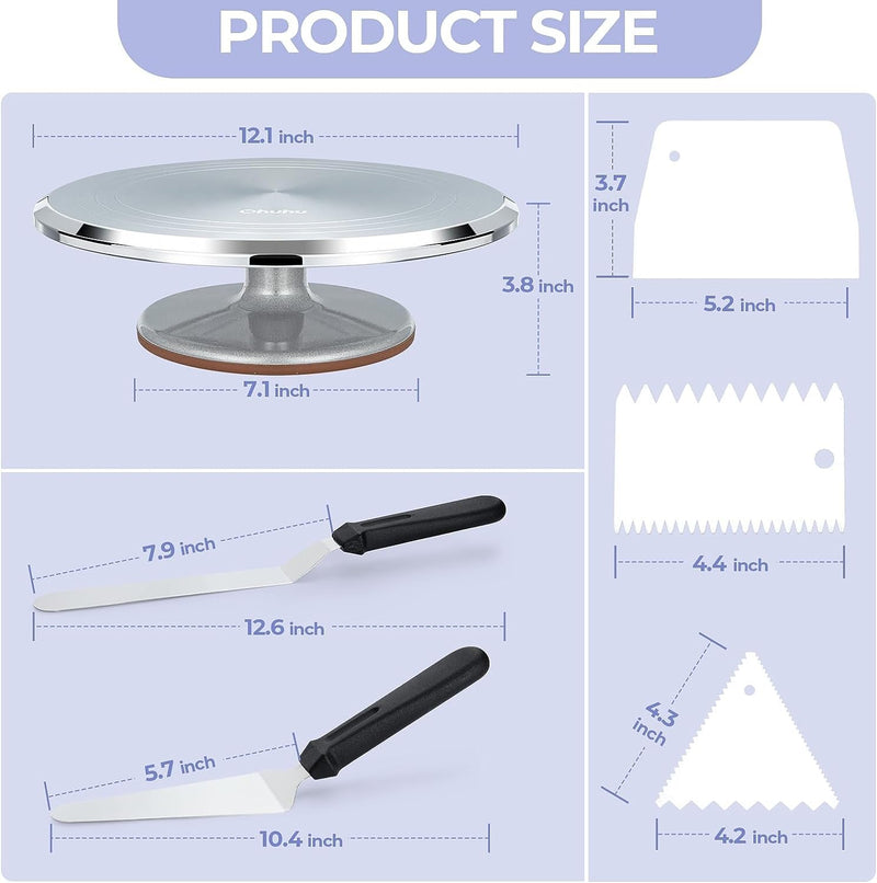 Cake Turntable, Ohuhu Aluminium 12'' Cake Decorating Kit Supplies Rotating Stand Revolving Spinner with 2 Icing Spatula 3 Comb Smoother