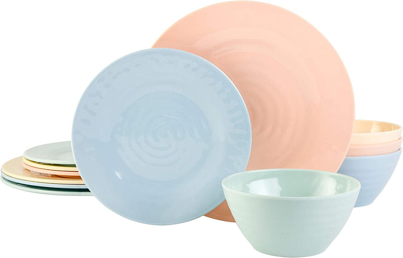 Gibson Home Brist Melamine Plastic Dinnerware Set, Service for Four (12Pcs), Pastels