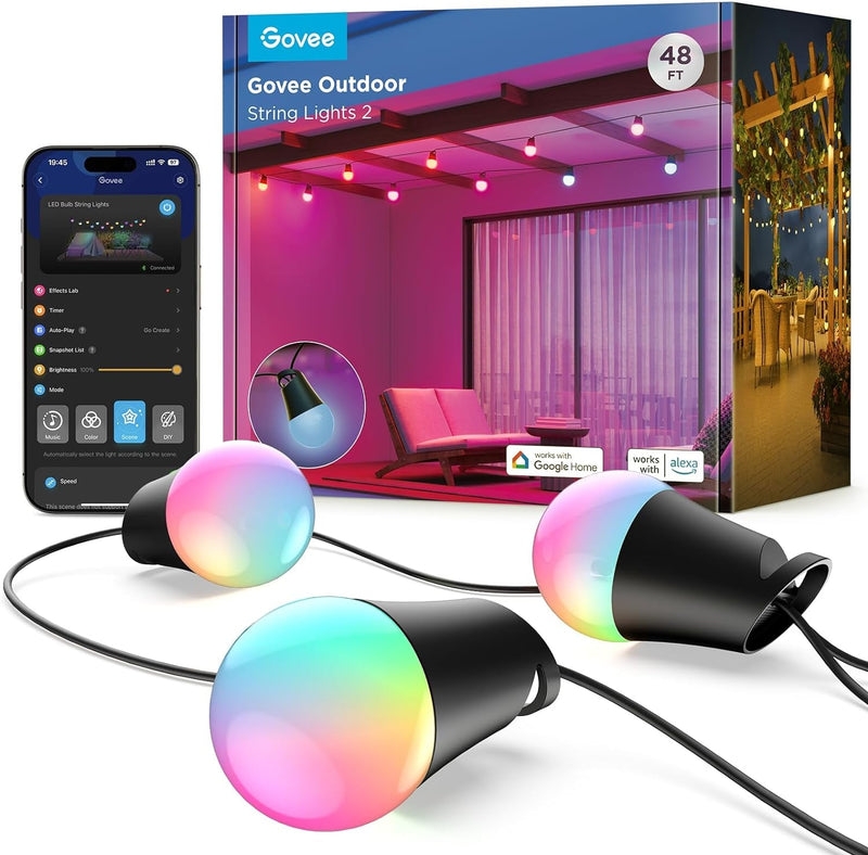 Govee Smart Outdoor String Lights 2, 144Ft RGBIC Outdoor Lights with Dimmable Warm White LED Bulbs, 47 Scene Modes for Patio, Backyard, Balcony, IP65 Waterproof, Works with Alexa, Google Assistant