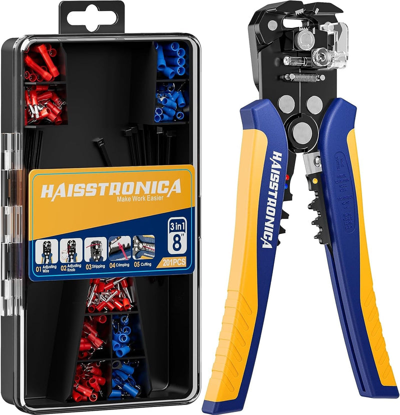 Haisstronica 201PCS Wire Stripper Kit - Automatic Wire Stripping Tool for AWG 24-10 Cables with Insulated Terminals, Self Adjusting Universal Wire Strippers and Crimpers for Electrical Work