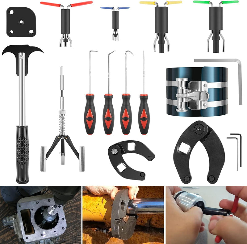 17Pcs Hydraulic Cylinder Repair Tool Kit for Skid Steers, Loaders, Backhoes, Etc. | 2 Drive Gland Nut Wrenches & Seal Puller & 4 U-Seal Installer Tools & Smooth Type Piston Ring Compressor