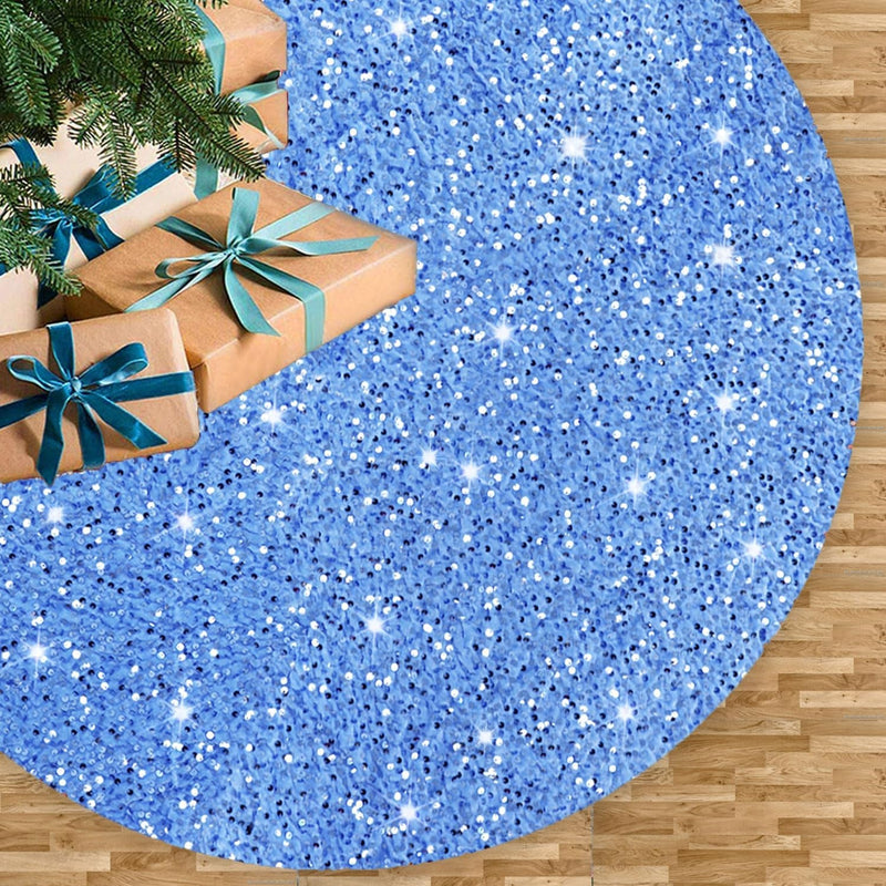 FUHSY Glitter Christmas Tree Skirt 46 Inches Light Blue Velvet Christmas Tree Skirt Farmhouse Tree Skirt for Large Xmas Tree Skirts Sequin Christmas Tree Collar for Family Reunion Birthday Party Decor