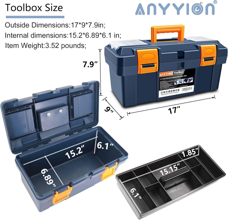 Anyyion 16.5-Inch Tool Box with Removable Tray, Small Parts Box on the Lid Is Removable, Tray Can Be Removed and Combined at Will (Blue)