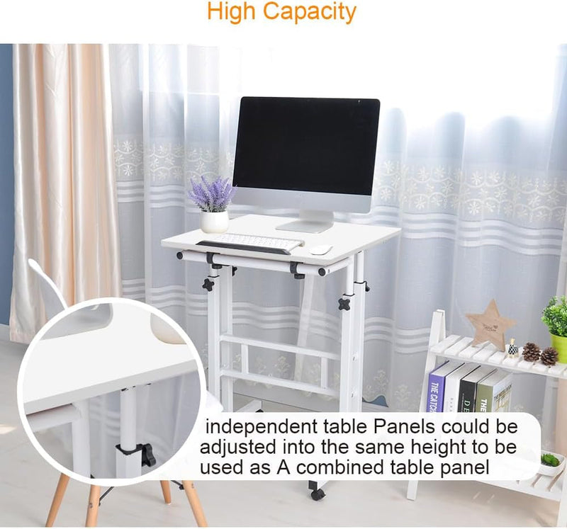 Dlandhome Mobile Standing Desk Stand up Desk Rolling Desk, Stand Sit Desk Mobile Computer Desk Adjustable Standing Desk 23.6Inches Table Workstation Mobile Desk Cart Tray White