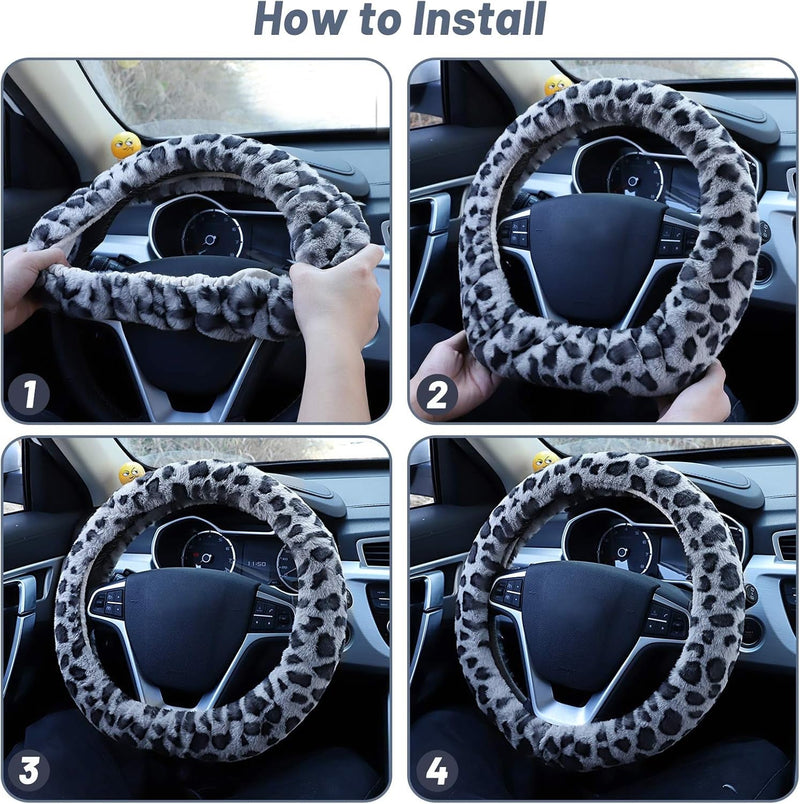 Fuzzy Steering Wheel Cover for Women Girls, Accmor Universal Fit Fur Car Wheel Cover & Handbrake Cover & Gear Shift Cover Set, Leopard Winter Warm Fluffy Vehicle Wheel Protector for Auto, SUV