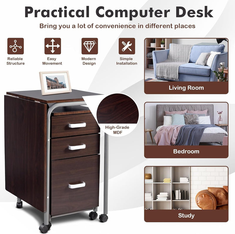 Foldable Computer Laptop Desk W/ 3 Drawers, Wheeled Laptop Desk with Metal Frame, Space Saving Folding Desk with Rolling Wheels for Home Office Small Space (Brown)