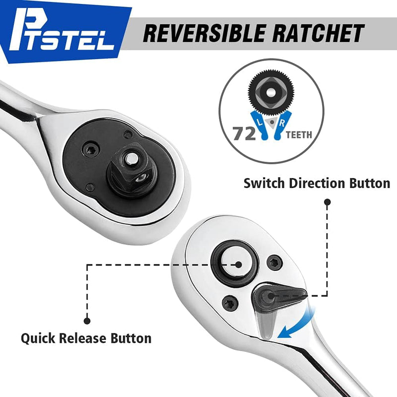 14 Pieces Socket Wrench Kit, 1/4” Drive Socket Set with 72 Teeth Release Ratchet Wrench and Extension Bar, CR-V Sockets