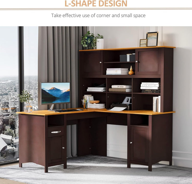 HOMCOM L Shaped Computer Desk with Hutch, 59" Corner Desk, Space Saving Home Office Desk with Storage Shelves, Drawer and Cabinet, Coffee Brown