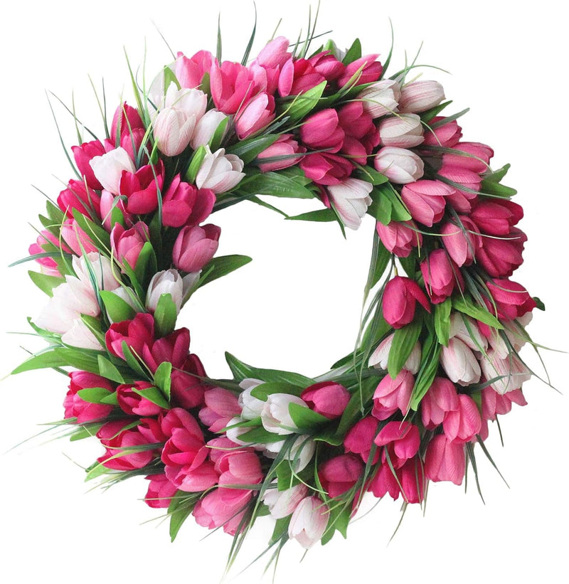 19.7 Inches Artificial Tulip Flower Wreaths Pink Tulip Front Door Wreath Fake Flower Wreaths for Spring, Summer, Winter, Home, Wedding, 210106QY01-31-1716178281