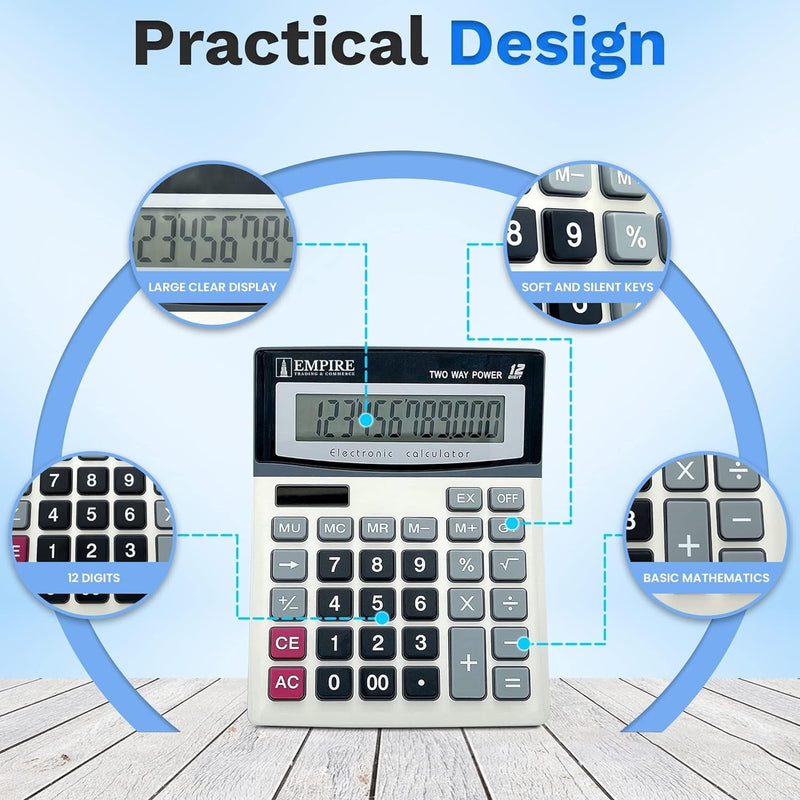 Empire Desk Calculator with Large Key Buttons, 12 Digits, Large Eye-Angled Display, Solar and Battery Powered for Home and Office (Battery Included)