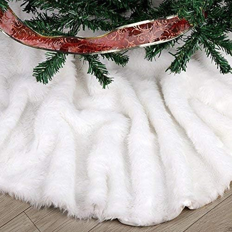 Extra Large Christmas Tree Skirt 60 Inches Pure White Faux Fur Tree Skirt for Merry Christmas & New Year Party Holiday Home Decorations