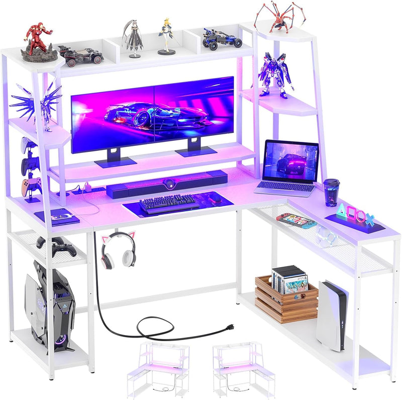 Armocity L Shaped Gaming Desk with Hutch, 63'' L Desk for Gaming with Charger Station, PC Gaming Desk for Gamers with LED Lights, Black Gaming Computer Desk with Shelves, L Shaped Desk with Storage
