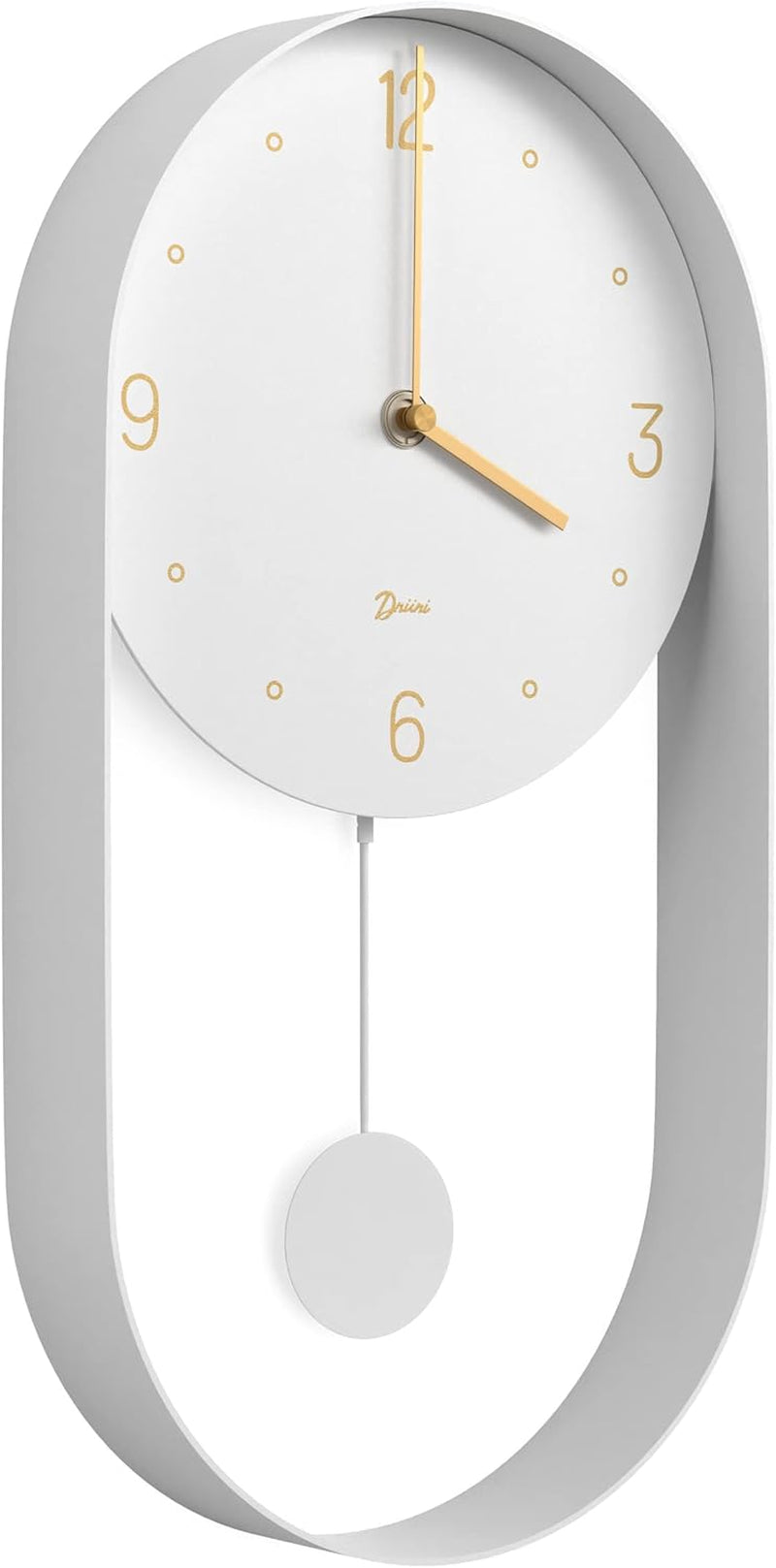 Driini Modern Pendulum Wall Clock - Decorative and Unique Metal Frame, with 8 Inch Face - Contemporary, Minimalist Design, with Silent Battery Operation - Includes Both Black and Gold Pendelum