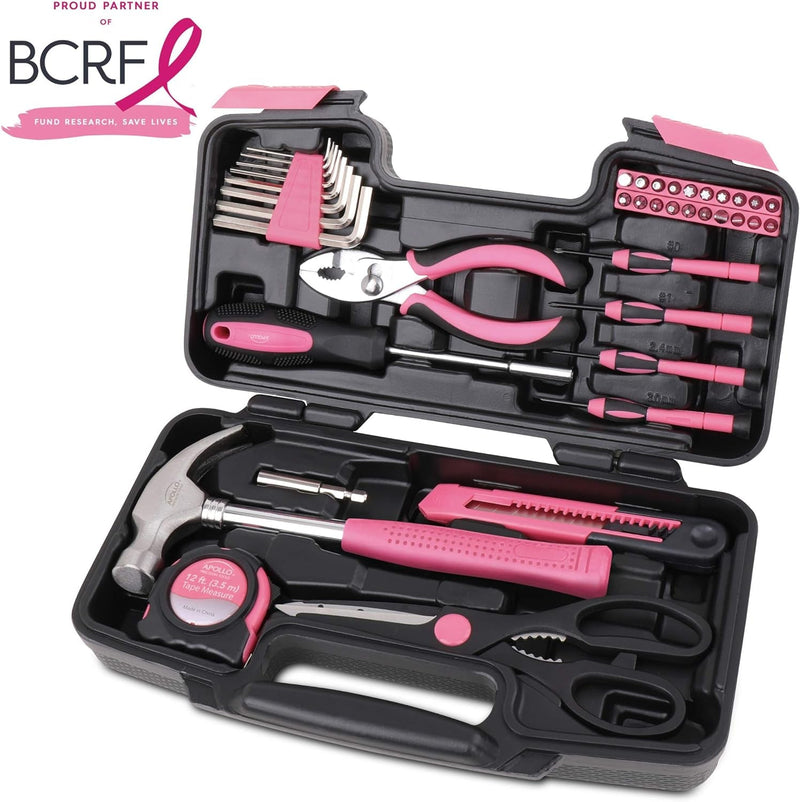 Apollo Tools Original 39 Piece General Household Tool Set in Toolbox Storage Case with Essential Hand Tools for Everyday Home Repairs, DIY and Crafts - Pink Ribbon - Pink - DT9706P